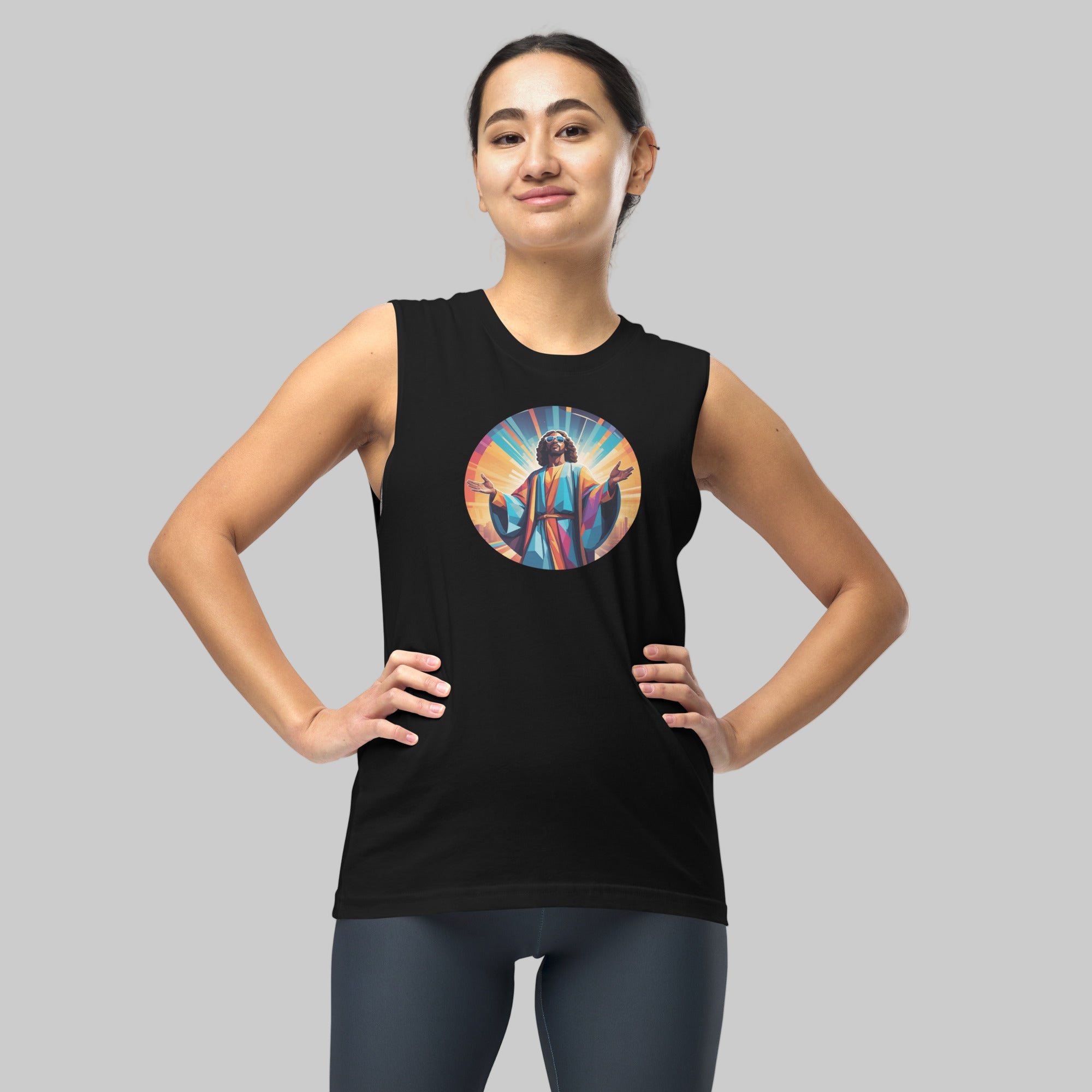 Black unisex muscle tank featuring a colourful, radiant graphic of Funky Jaysus with arms raised in a rainbow-lit robe. Relaxed fit with wide armholes, made from soft cotton. Festival-ready and music-inspired streetwear.
