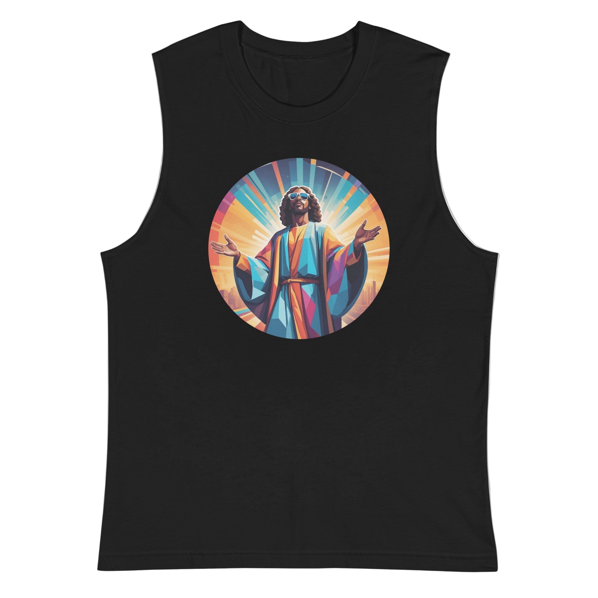 Black unisex muscle tank featuring a colourful, radiant graphic of Funky Jaysus with arms raised in a rainbow-lit robe. Relaxed fit with wide armholes, made from soft cotton. Festival-ready and music-inspired streetwear.