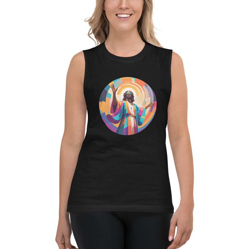 Unisex muscle top with bold geometric Funky Jaysus illustration on the front and “Drum & Bass is my religion” slogan on the back. Lightweight sleeveless streetwear top for DnB fans and festival wear.
