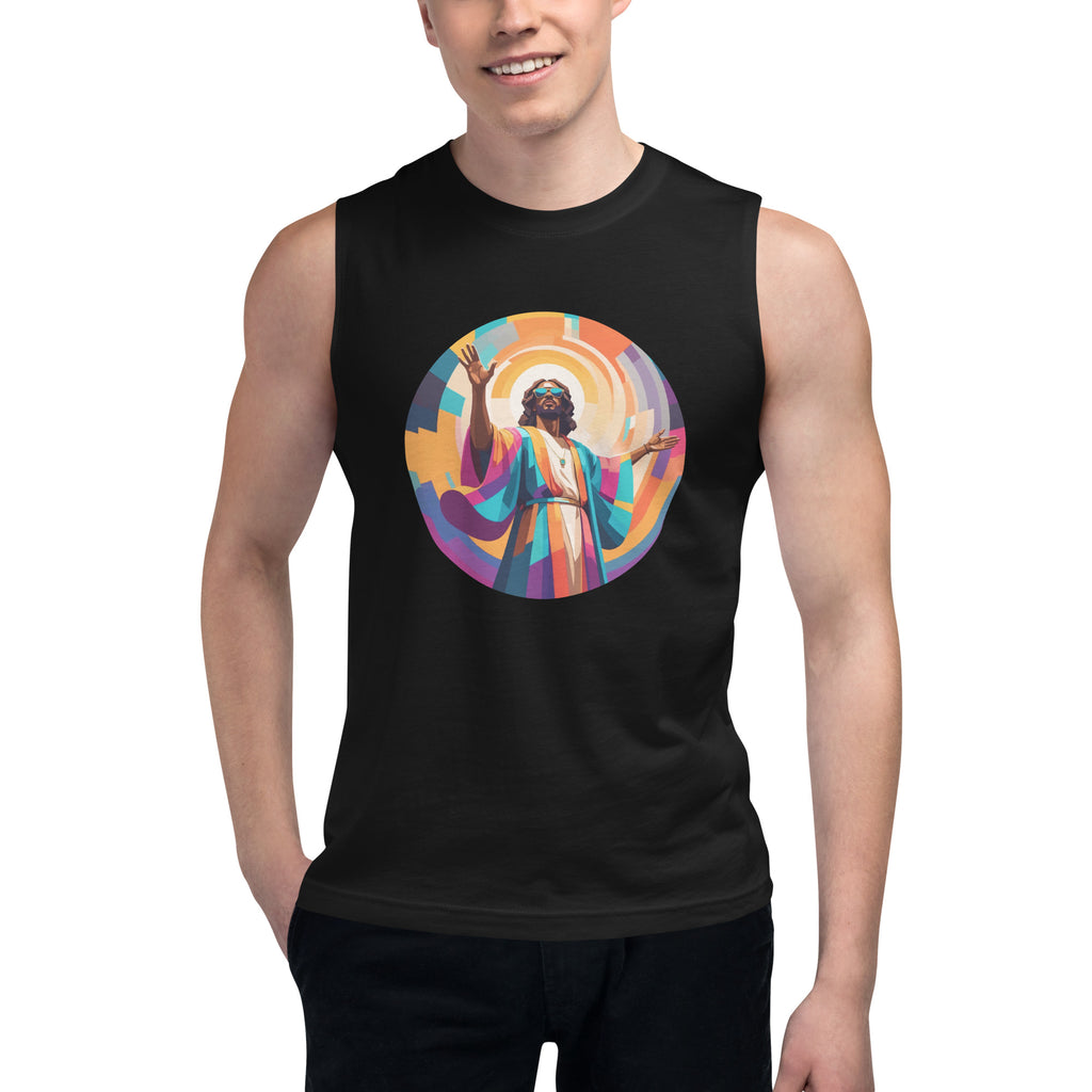 Unisex muscle top with bold geometric Funky Jaysus illustration on the front and “Drum & Bass is my religion” slogan on the back. Lightweight sleeveless streetwear top for DnB fans and festival wear.