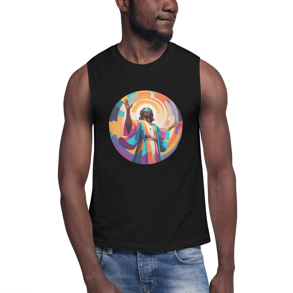 Unisex muscle top with bold geometric Funky Jaysus illustration on the front and “Drum & Bass is my religion” slogan on the back. Lightweight sleeveless streetwear top for DnB fans and festival wear.