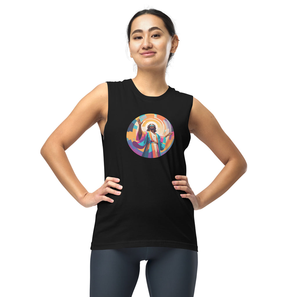 Unisex muscle top with bold geometric Funky Jaysus illustration on the front and “Drum & Bass is my religion” slogan on the back. Lightweight sleeveless streetwear top for DnB fans and festival wear.