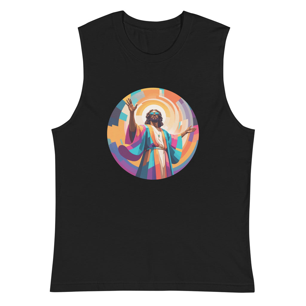 Unisex muscle top with bold geometric Funky Jaysus illustration on the front and “Drum & Bass is my religion” slogan on the back. Lightweight sleeveless streetwear top for DnB fans and festival wear.