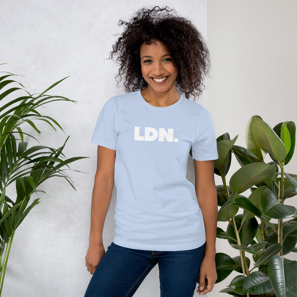 T-shirt featuring a bold, minimalist design with LDN printed in large, dark letters across the chest. This unisex t-shirt offers a sleek and stylish way to show your London pride, perfect for casual wear or as a statement piece.