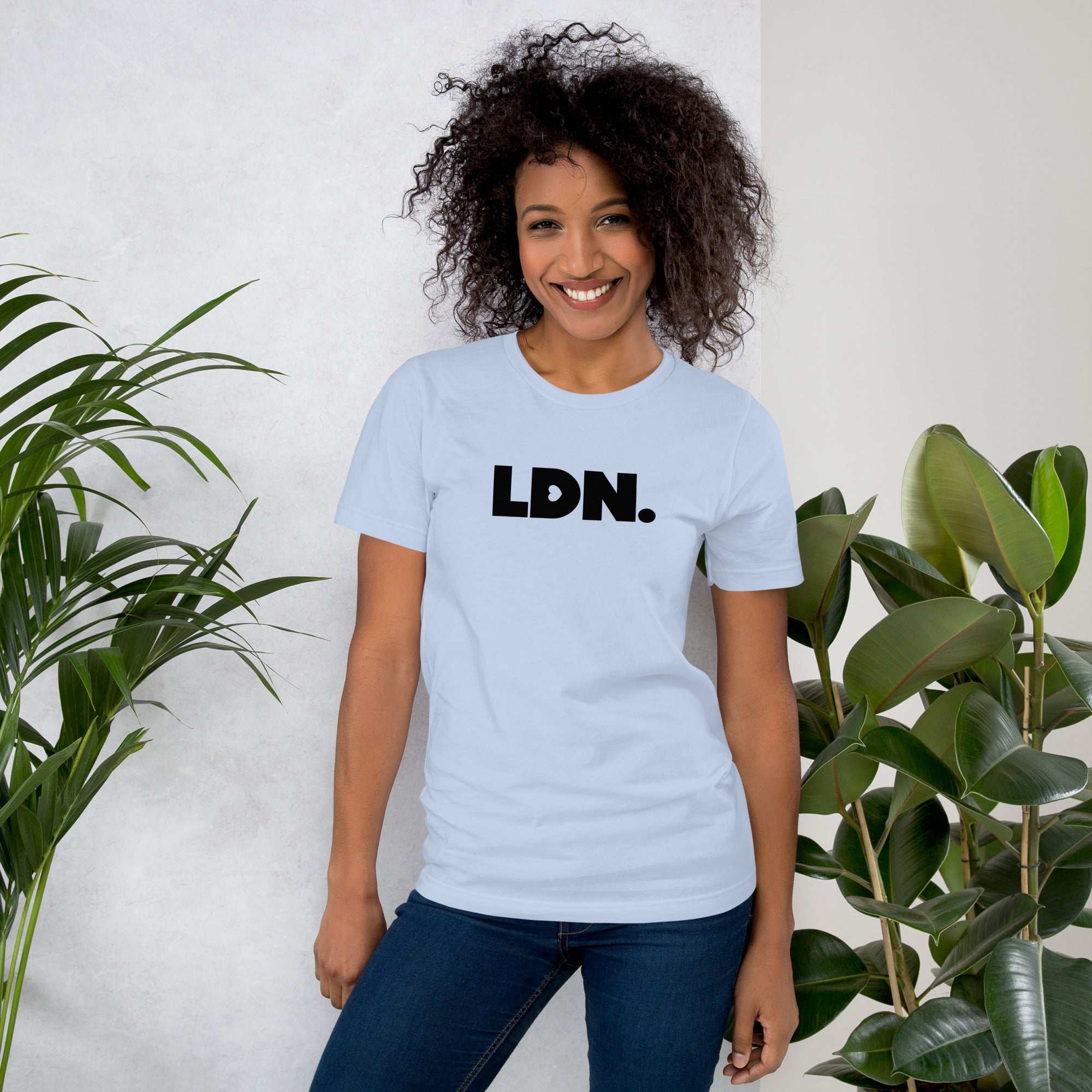 A black LDN t-shirt featuring a bold, minimalist design with LDN printed in large, dark letters across the chest. This unisex t-shirt offers a sleek and stylish way to show your London pride, perfect for casual wear or as a statement piece.