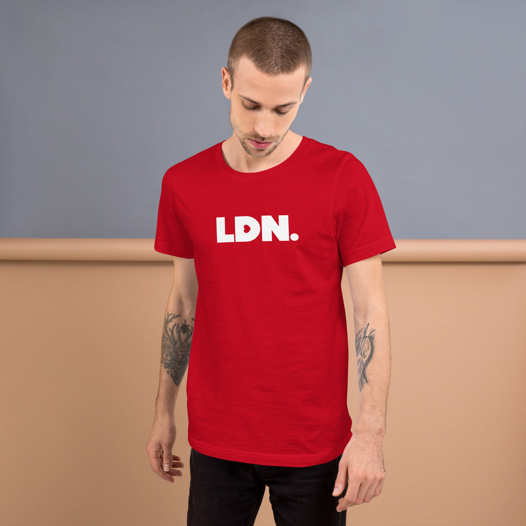 T-shirt featuring a bold, minimalist design with LDN printed in large, dark letters across the chest. This unisex t-shirt offers a sleek and stylish way to show your London pride, perfect for casual wear or as a statement piece.