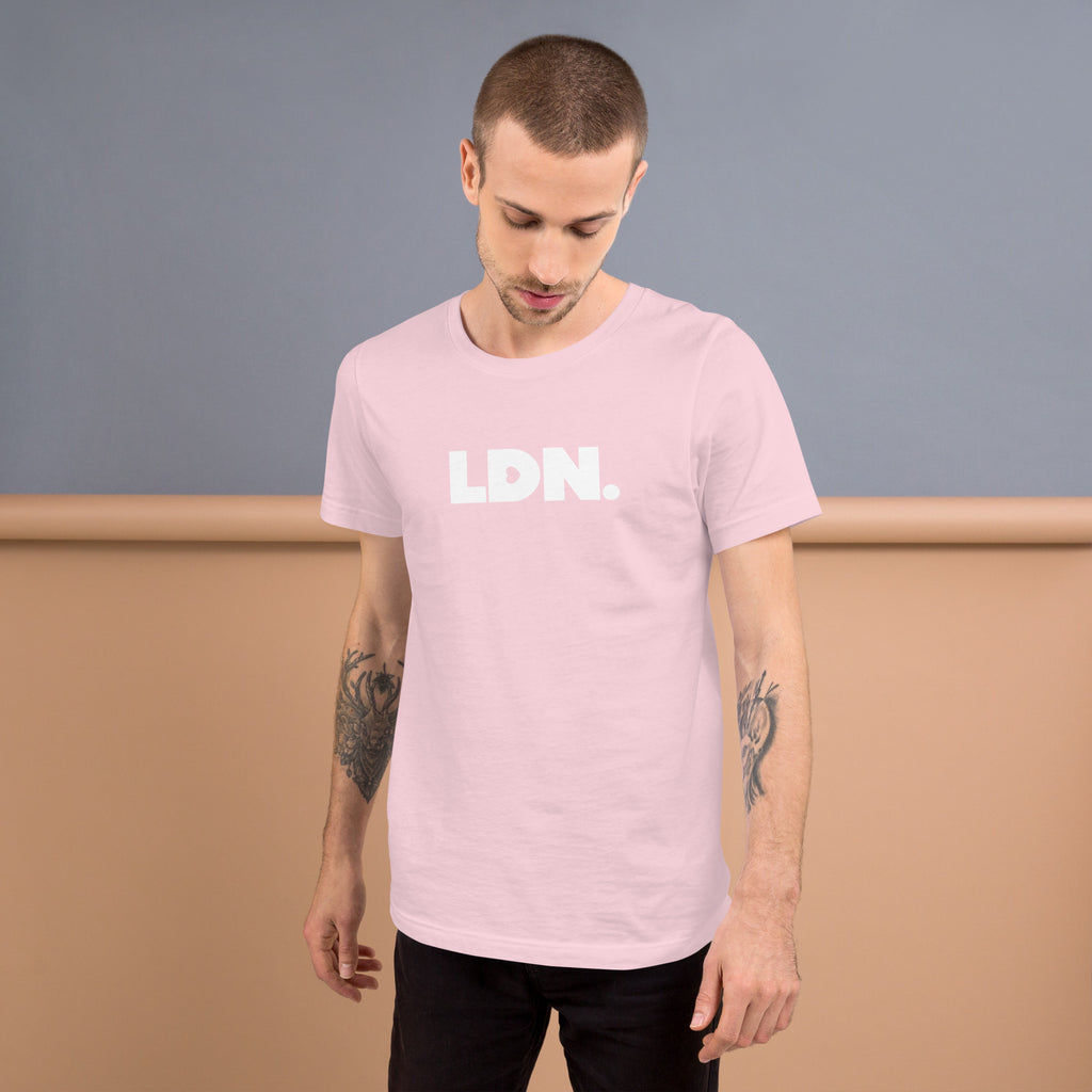 T-shirt featuring a bold, minimalist design with LDN printed in large, dark letters across the chest. This unisex t-shirt offers a sleek and stylish way to show your London pride, perfect for casual wear or as a statement piece.