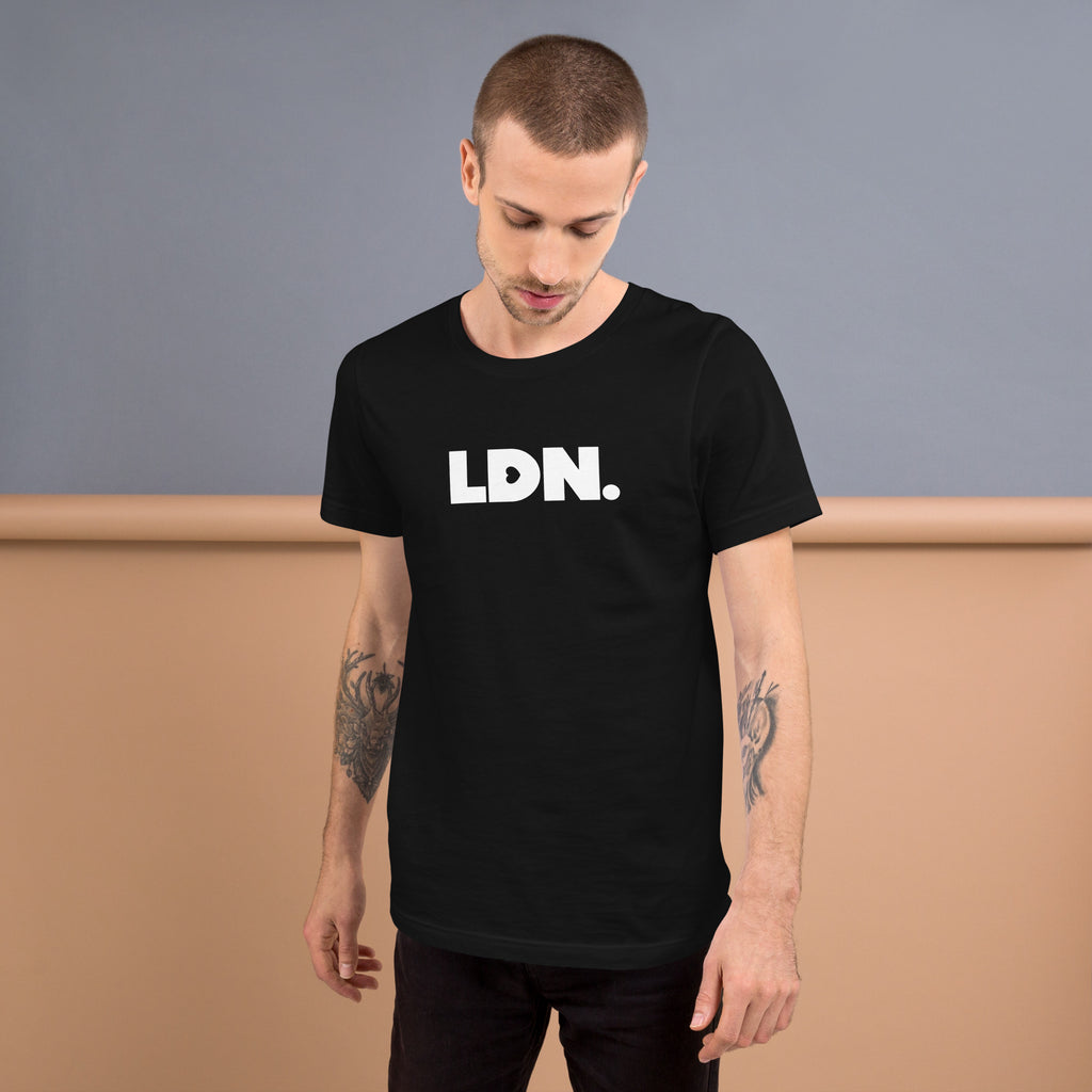 T-shirt featuring a bold, minimalist design with LDN printed in large, dark letters across the chest. This unisex t-shirt offers a sleek and stylish way to show your London pride, perfect for casual wear or as a statement piece.