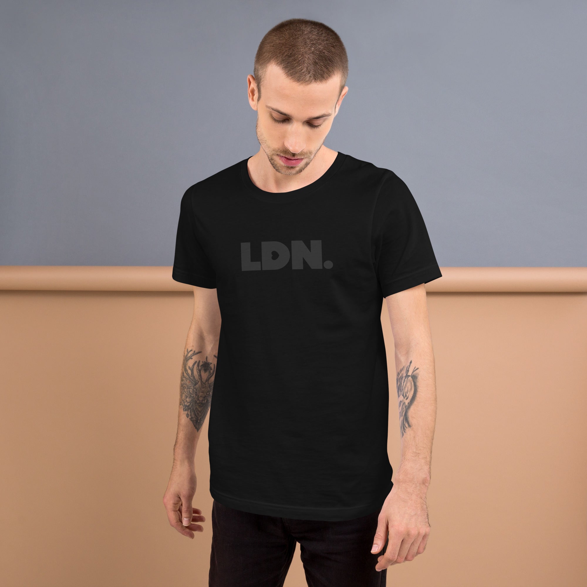 A black LDN t-shirt featuring a bold, minimalist design with LDN printed in large, dark letters across the chest. This unisex t-shirt offers a sleek and stylish way to show your London pride, perfect for casual wear or as a statement piece.