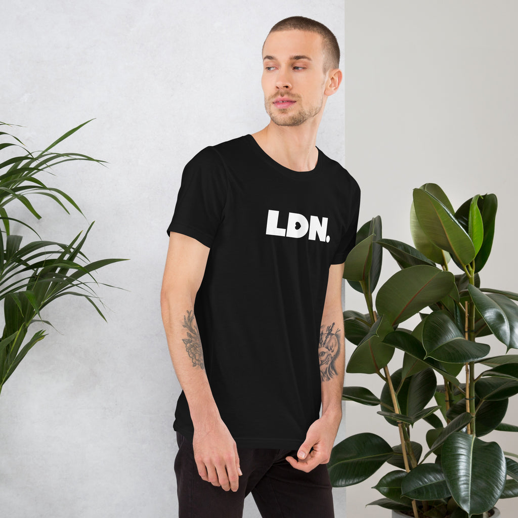 T-shirt featuring a bold, minimalist design with LDN printed in large, dark letters across the chest. This unisex t-shirt offers a sleek and stylish way to show your London pride, perfect for casual wear or as a statement piece.