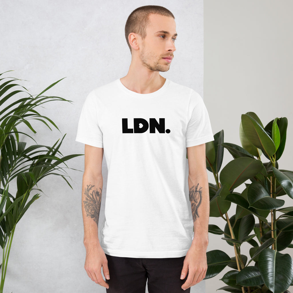 A black LDN t-shirt featuring a bold, minimalist design with LDN printed in large, dark letters across the chest. This unisex t-shirt offers a sleek and stylish way to show your London pride, perfect for casual wear or as a statement piece.