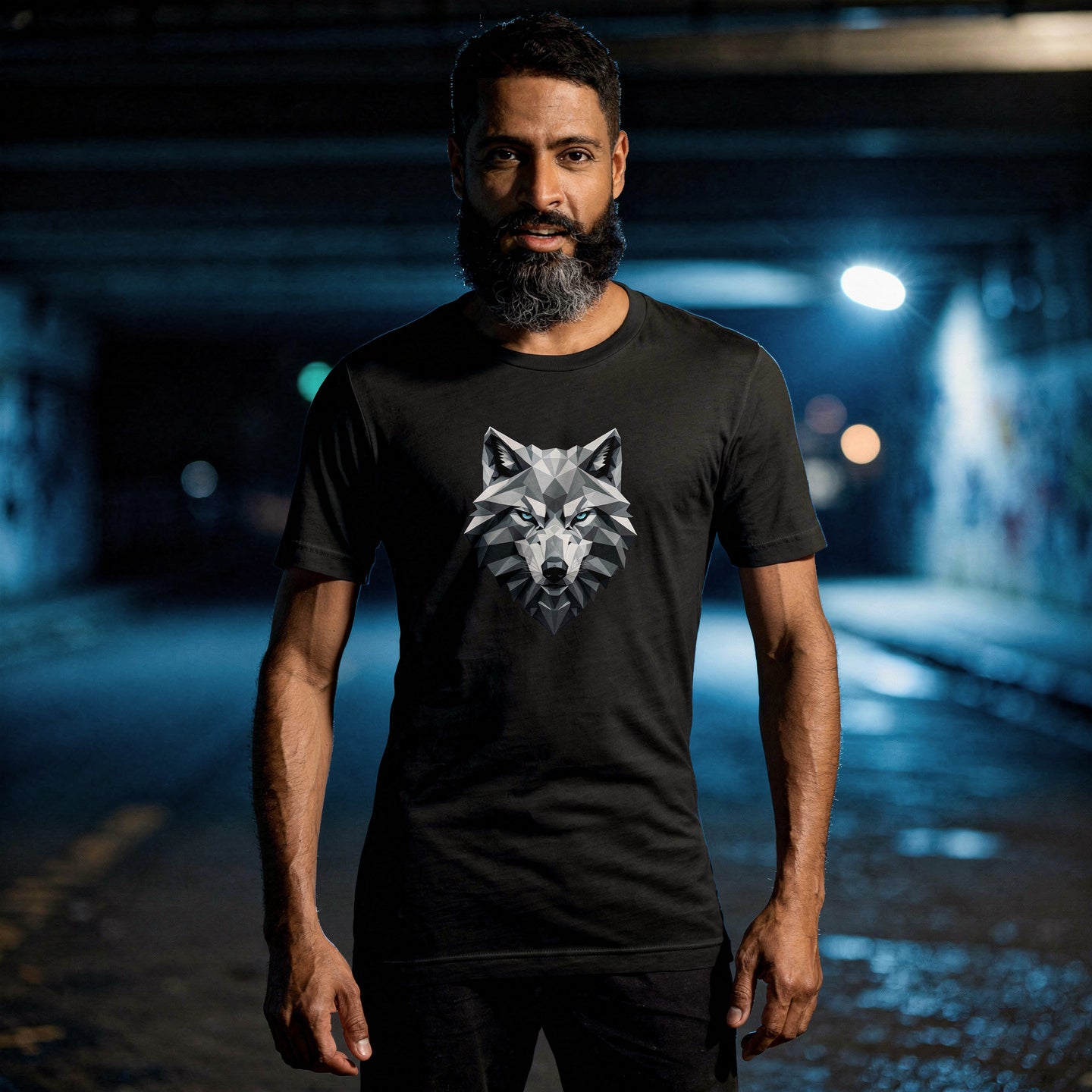 Man wearing a black t-shirt with a wolf graphic in a dark, urban setting