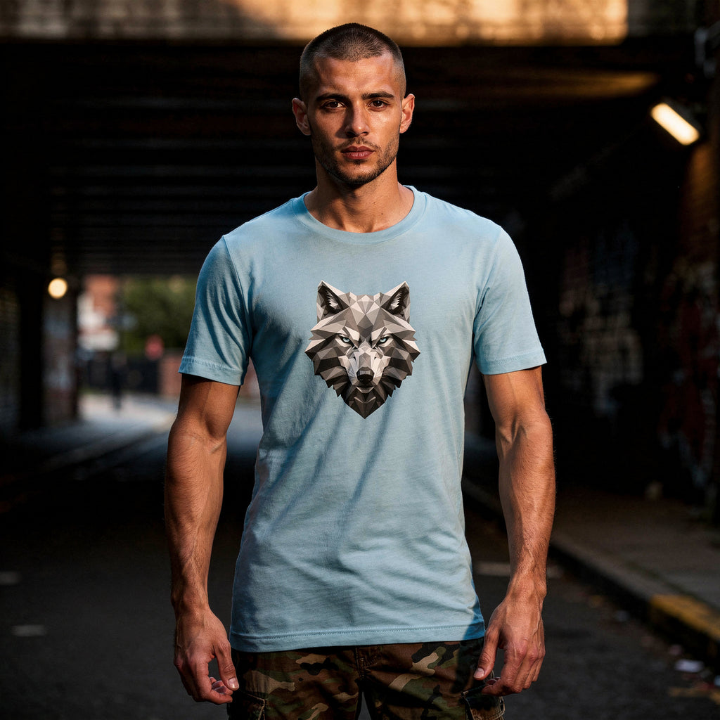 Man wearing a light blue t-shirt with a wolf graphic design, standing in an urban setting.