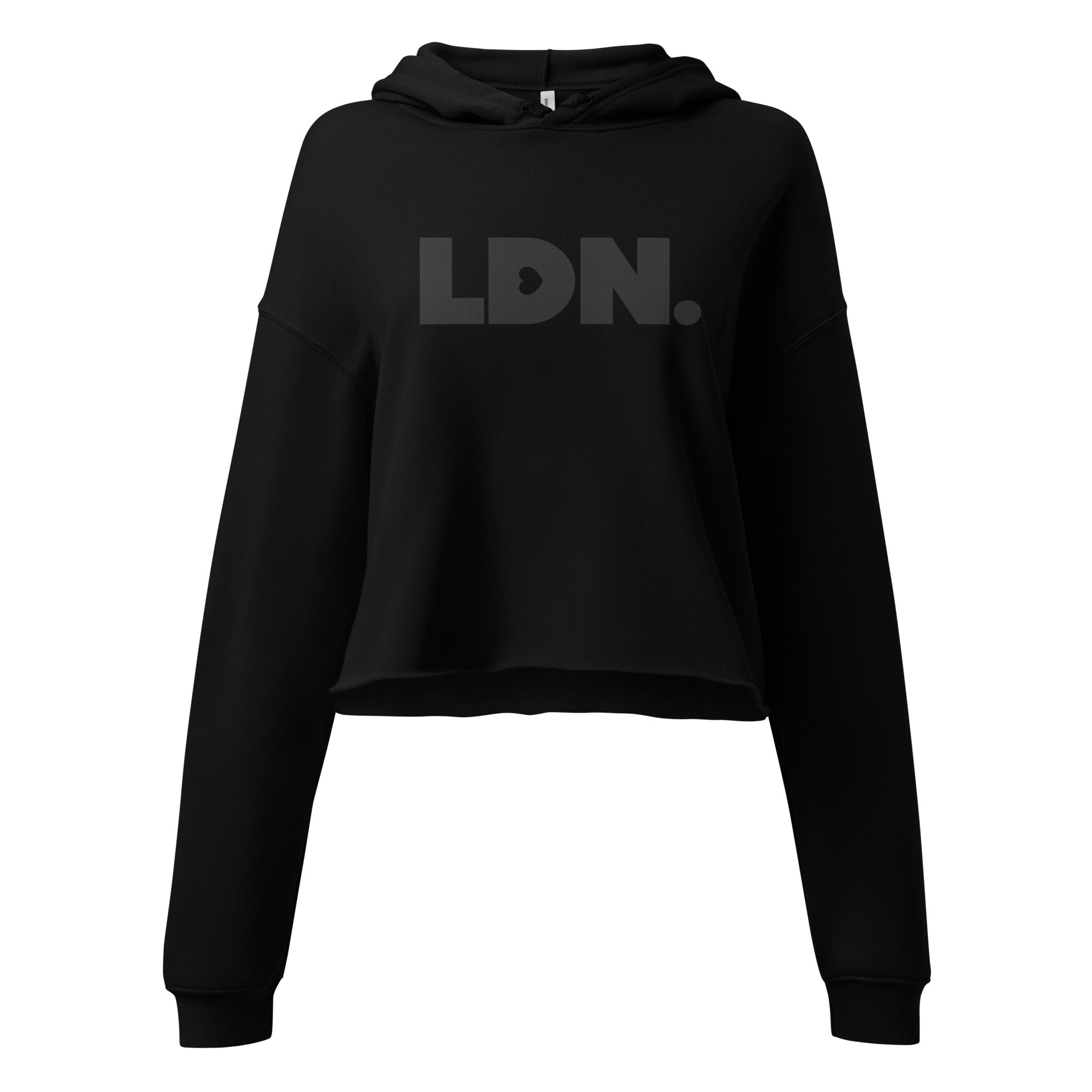 Cropped hoodie with tonal “LDN.” graphic. Hoodie features dropped shoulders, raw hem, and dyed-to-match drawstrings. Made from cotton-poly fleece blend for soft comfort and relaxed fit. A minimal, modern streetwear piece.