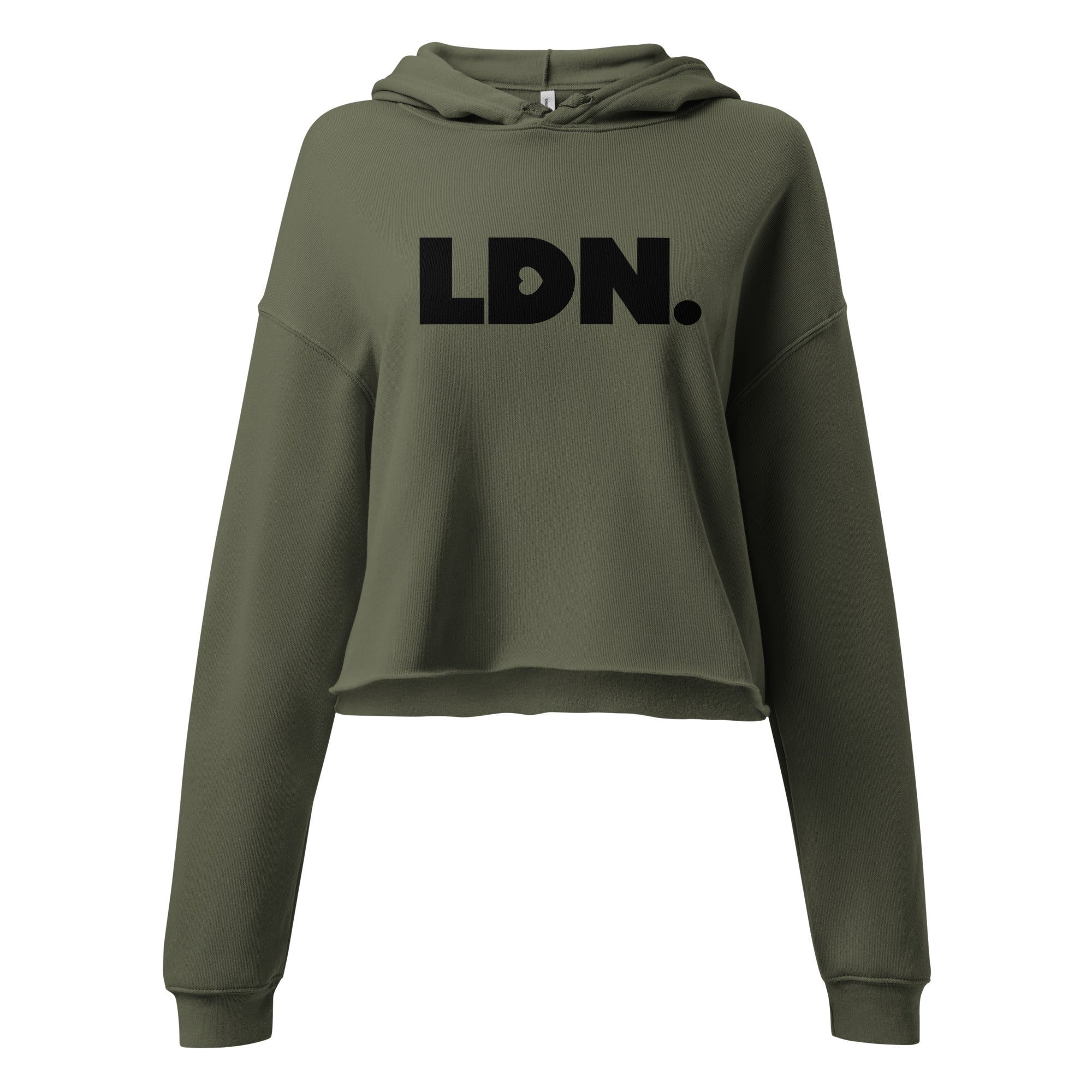 Cropped hoodie with tonal “LDN.” graphic. Hoodie features dropped shoulders, raw hem, and dyed-to-match drawstrings. Made from cotton-poly fleece blend for soft comfort and relaxed fit. A minimal, modern streetwear piece.
